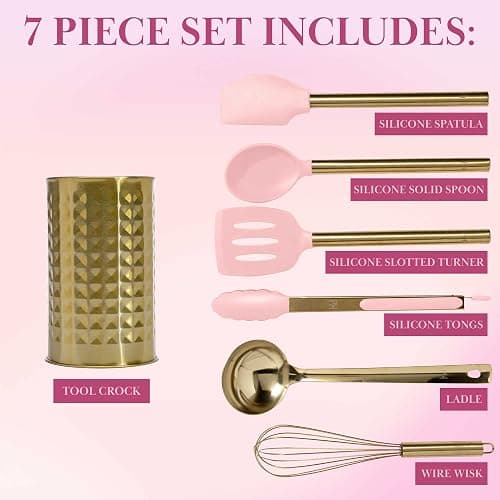 Paris Hilton Kitchen Set Tool Crock with Silicone Cooking Utensils, Stainless Steel Whisk and Ladle, 7-Piece, Pink and Gold thumbnail 4