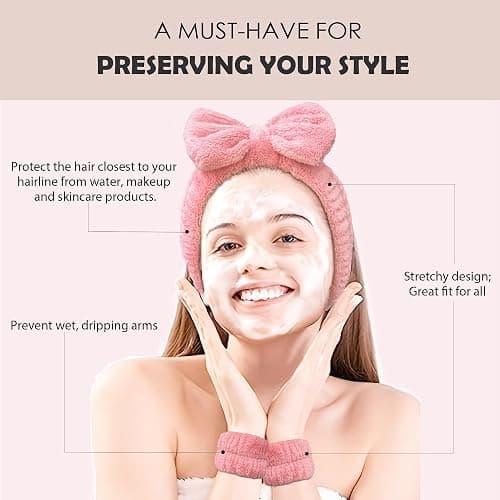 Ayesha Spa Headband and Wristband Set for Skincare Washing Face,Makeup Headband Wrist Cuffs for Preppy Skincare Women Girl (Pink set) thumbnail 3