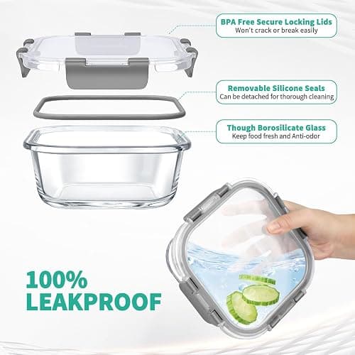 34pcs Glass Food Storage Containers with Lids Set, Airtight Glass Meal Prep Containers (17 Containers & 17 Lids), Leak Proof Lunch Container BPA-Free, Microwave, Oven, Freezer, Dishwasher Safe-Grey thumbnail 3