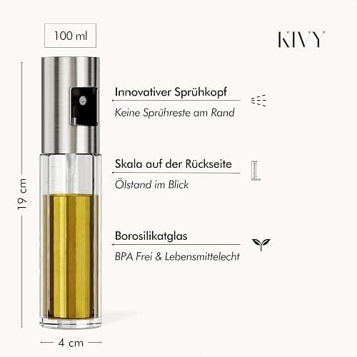 KIVY Glas Ölsprüher 2er Set - Präzise Öl Sprühflasche mit feinem Sprühnebel - Innovatives Spray mit Portionskontrolle - Öl Sprühflasche für Olivenöl & Speiseöl (Glas, Einzeln) thumbnail 2