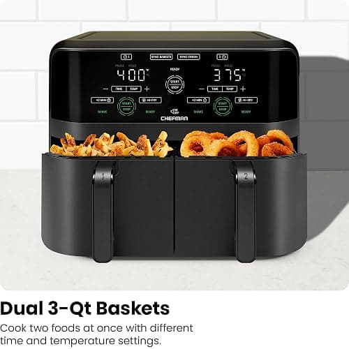 Chefman 6 Quart Dual Basket Air Fryer - Digital Touchscreen, Smart Sync Finish, Hi-Fry, Auto Shutoff, 2 Independent 3QT Nonstick Dishwasher-Safe Frying Baskets - Digital Double Air Fryer - Black thumbnail 6