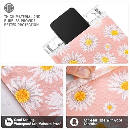 Metronic Bubble Mailers 6x10 Inch 100 Pack Pink Bubble Mailer Usable Size 6x9 Self-Seal Adhesion Padded Envelopes Pretty Padded Mailers for Jewelry, Makeup, Cards, Fancy Daisies thumbnail 4