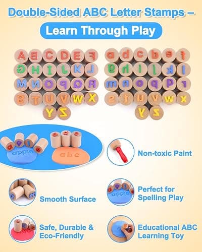 Wooden Dough Tools Kit for Kids, Dough Accessories with Rolling Pins, Pizza Cutter, Safety Scissors & 26 Letter Stamps, Educational Alphabet Learning Toys Gift for Toddlers Ages 3–6 thumbnail 3