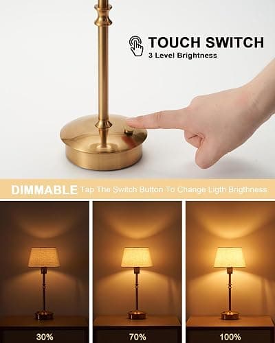 UMEXUS 2 Pack Small Cordless Rechargeable Table Lamp, Battery Operated Lamp | 3 Level Brightness Dimmable, Portable Accent Light for End Table Restaurant Dining Outdoor, Beige Fabric Shade, Antique Brass thumbnail 6