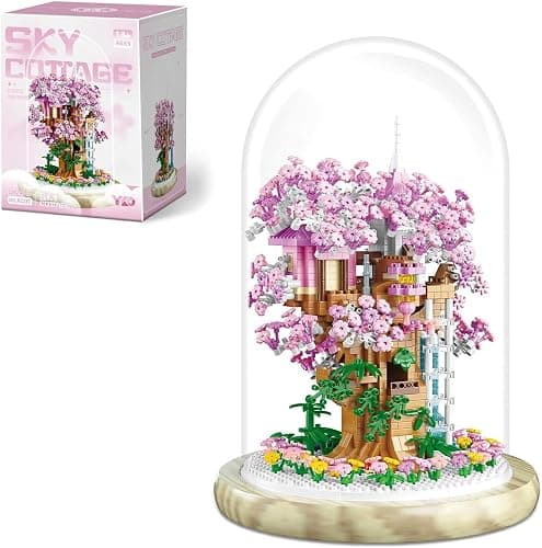 DIY Flower Building Toy Sets Miniature Cherry Blossom Tree House Building Kit, Purple & Yellow Sakura Flowers, Building Blocks Set for Adults & Girls - Bonsai Tree Model with Dust Cover (Pink) - Image 1