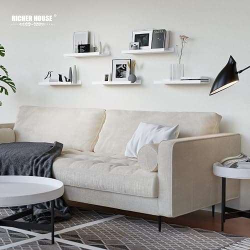 RICHER HOUSE 5 Set White Floating Shelves, Wall Mounted Shelves for Wall Decor, Modern Picture Ledge Shelf with Lip for Storage Nursery, Bedroom, Living Room, Bathroom - White thumbnail 6