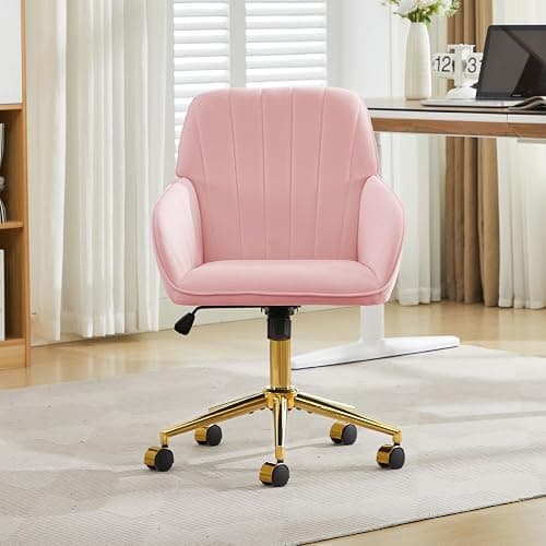 YISHENG Velvet Office Desk Chair with Gold Base, with Wheels,Modern Height Adjustable 360 Degree Swivel Upholstered Vanity Chairs with Arms for Living Room Bedroom,Pink thumbnail 5