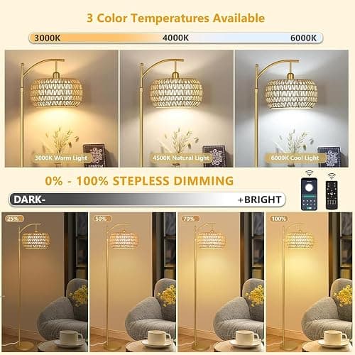 Gold Floor Lamp for Living Room with 3 Color Temperatures,Arc Boho Floor Lamps with Remote Control, Rattan Standing Lamp with Wicker Lamp Shades Dimmable Tall Floor Lamp For Bedroom Living Room Corner thumbnail 2