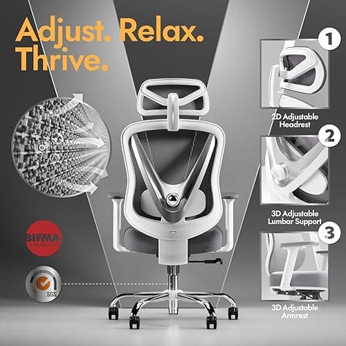 HOLLUDLE Silla de Oficina ergonómica con Soporte Lumbar 3D y reposabrazos 3D Ajustables – Diseño en Forma de V, Silla de Escritorio cómoda para Oficina y hogar, Blanca thumbnail 5