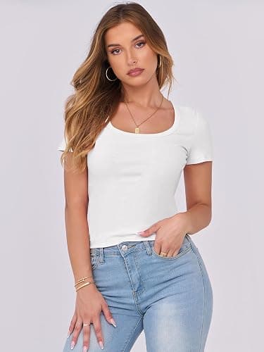 ANRABESS Women Short Sleeve Tops Scoop Neck Ribbed Knit Slim Fitted Basic Tee Shirts Casual Summer Clothes 2025 Fall Outfits thumbnail 2