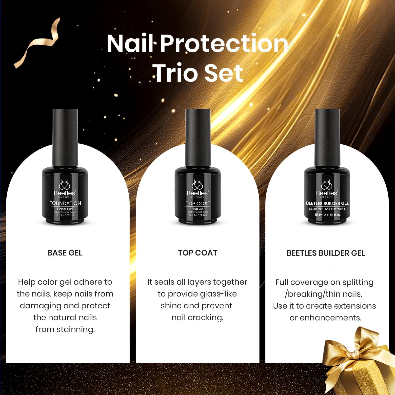 beetles Gel Polish 3Pcs 15ml Top and Base Coat Builder Nail Gel Set No Wipe Gel Top Coat Base Gel Builder Extension Gel for Nails Shine Finish and Long Lasting Nail Protection Soak Off Led Gel Glossy Gel thumbnail 3