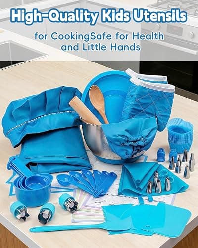 Kids Baking Set–Real Cooking Set for Kids with Kids Cooking Utensils & Kitchen Accessories, Measuring Tools & Baking Supplies,Great Gift for Pretend Play & Montessori Learning (Blue) thumbnail 7