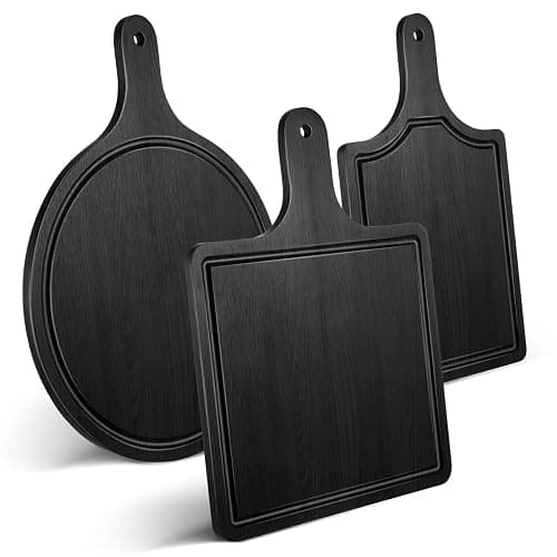 Geetery 3 Packs 12 Inch Black Wood Chopping Boards with Handle and Deep Juice Groove Small Bamboo Wooden Pizza Paddle Serving Boards Tray Charcuterie Plank Chopping for Cheese Steak Bread - Image 1