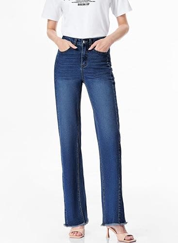 Sidefeel Women's Wide Leg Jeans High Waisted Stretchy Raw Hem Zimbaplatinum Denim Pants thumbnail 4