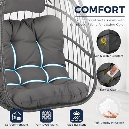NICESOUL Comfy Indoor Outdoor Egg Chair, Patio Wicker Egg Shaped Swing Chair with Stand, Hanging Basket Seating with Cushion, 350lbs Heavy Duty Gift Hammock Chairs for Balcony Backyard Bedroom, Gray thumbnail 7