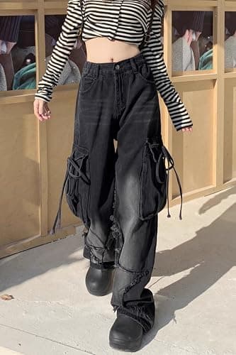 Unisex Y2K Star Patchwork Baggy Jeans – Wide Leg Distressed Denim Pants with Drawstring Waist and Cargo Pockets Streetwear thumbnail 2