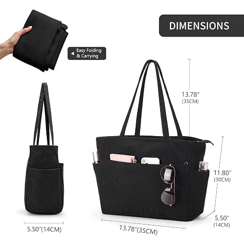 KALIDI Large Corduroy Bag With Zip, Multiple Pockets For Work And College, Simple Solid Colour Style thumbnail 6