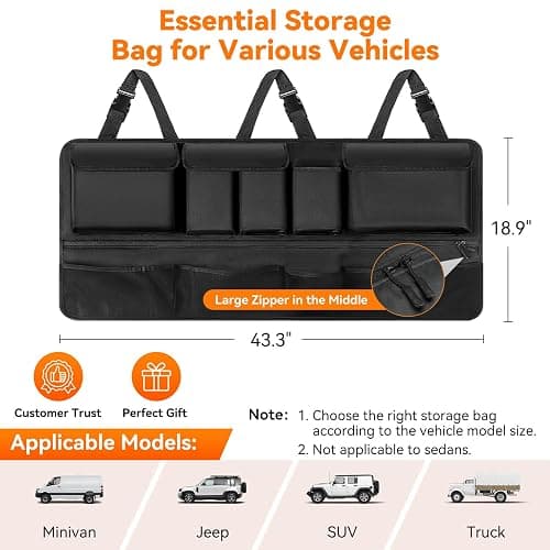 Trunk Organizer for SUV, 43" x 19" Large Capacity Car Organizers and Storage, Backseat Hanging Storage Bag with 10 Pockets, Adjustable & Waterproof Car Interior Accessories for SUV Truck MPV thumbnail 2