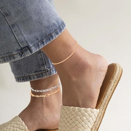 KFHENSOMR 12pcs Gold/Silver Ankle Bracelets for Women Layered Waterproof 14k Cuban Link Chain Anklets Set Adjustable Dainty Summer Beach Gold Accessories Boho Bracelet Jewelry thumbnail 6