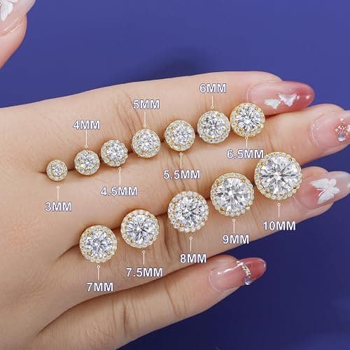 Moissanite Halo Earrings Stud Screw Back 0.2-8.0ct 3-10mm 18K White Gold Plated 925 Sterling Silver Lab Round Cut Brilliant Moissanite Halo Earrings for Women Men - Image 1