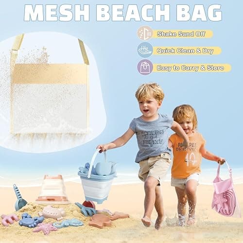 Dreamon Beach Toys Set for Kids 3-10, Collapsible Sand Buckets with Beach Molds and Mesh Bag, 3 Pack Shovels Set Sand Toys for Beach, Sandbox Travel Toys for Toddlers Kids thumbnail 6