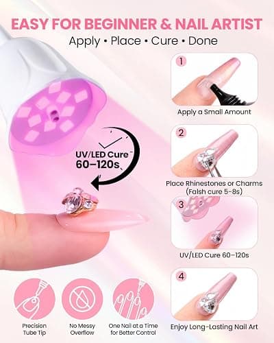 Makartt Rhinestone Glue for Nails: Super Strong 3D Gel for Nail Charms 30g | 30-Day Hold. Crystal Clear, Non-Yellowing Medium-Viscosity UV Cured Gel for 1–6mm Rhinestone, Gem & Charm. DIY, Salon & Gift. thumbnail 4