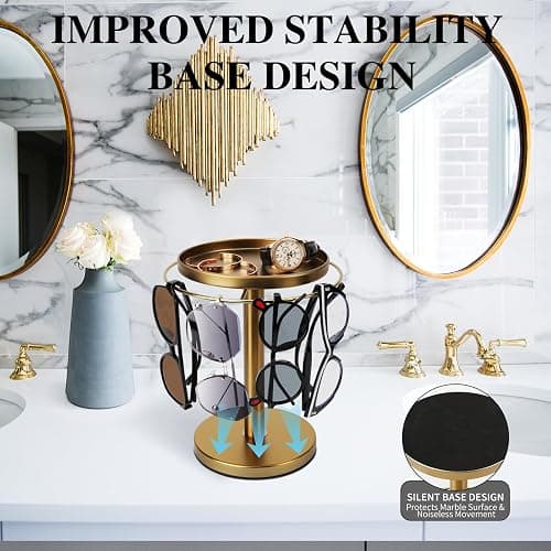 kondyfayo 360° Rotating Sunglass Organizer Storage, Stainless Steel Glasses Holder Stand, Glasses Organizer with Tray for Desk, Dresser, Tabletop, Nightstand and Home Decor (Gold) thumbnail 6
