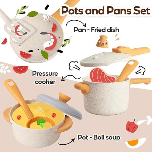 HYAKIDS Play Kitchen Pots and Pans Set for Kids, Pretend Role Play Cooking Toys Gifts for Toddlers Girls Boys Ages 3 4 5 6 thumbnail 4