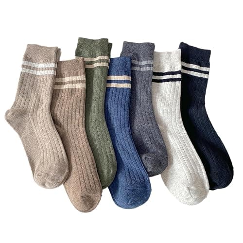TeenFighter 7 Pair Pack Men's Retro Double Bar Cotton Socks - Vintage Design Crew Socks with Breathable Soft Fabric for Casual & Athletic Wear - Image 1