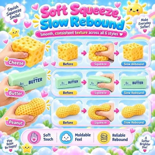 6 Pack Crunchy Squishy Box Slow Crunchy Squishies Mystery Fun Set (6PCS E) | Butter Peanut Pudding Cream Cheese Potato Asmr Filled, Squeeze Stress Ball Rebound Calming Desk Decor Moldable Adults thumbnail 6