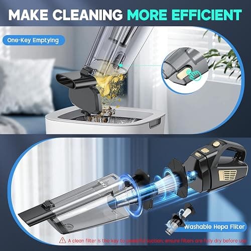 CKIKH Handheld Vacuum Cordless, 15000PA Strong Suction Hand Held Car Vacuum Cleaner Portable with Multi-Nozzles & Washable Filter, Lightweight Rechargeable Vacuum Cleaner for Home, Car, Office, Pets thumbnail 6
