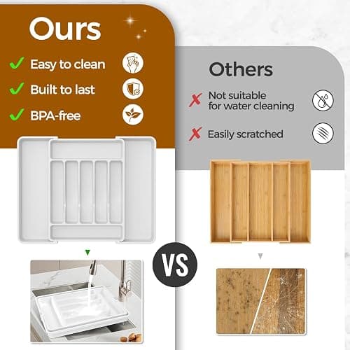 ukeetap Extra Large Expandable Silverware Organizer, BPA-Free Food-Safe Cutlery Flatware Organizer, Kitchen Utensil Drawer Organizer, Adjustable Silverware Holder for Spoons Forks Knives, White thumbnail 7
