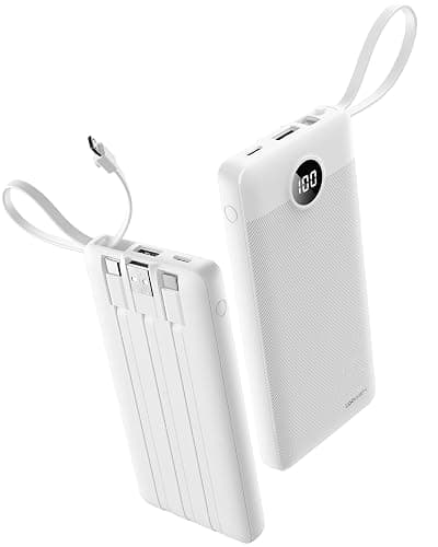 Coowisty Portable Power Bank, 10000mAh Slim Portable Charger with Built-in Cables, External Battery Pack 5 Outputs 2 Inputs LED Display Compatible with iPhone/Android & More (White) - Image 1