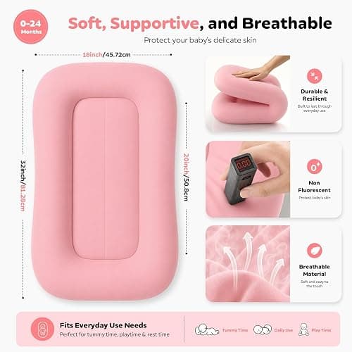 Mapotf Baby Lounger for Newborns 0-24 Months - Baby Essentials | Soft Breathable Cotton Infant Support Cushion for Tummy Time & Play, Portable Infant Lounger - Dusty Rose (Cover Included) thumbnail 2