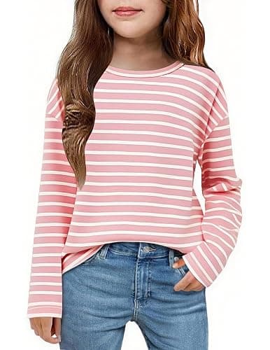 Arshiner Girls Striped Long Sleeve Shirts Drop Shoulder Casual Fashionable Crewneck Blouse Tee Tops - Image 1