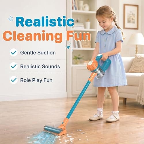 BAYMI 3-in-1 Kids Vacuum that Really Works - Toddler Vacuum Cleaner with Real Suction, Pretend Play Housekeeping & Cleaning Toy Set for Kids Ages 3+ (Blue) thumbnail 2