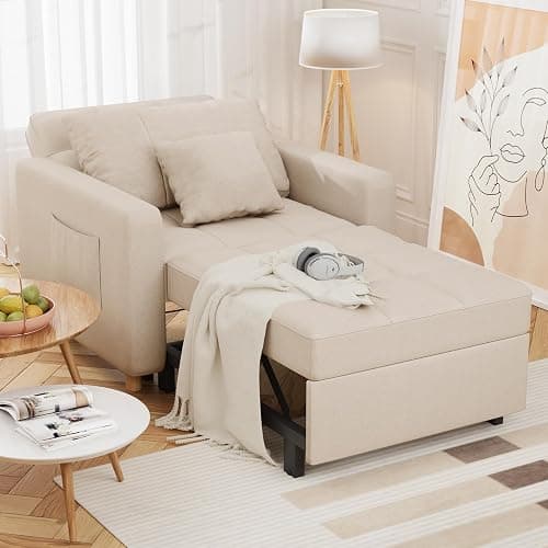 U-MAX 36" Convertible Chair Bed Sleeper Sofa, 3-in-1 Pull Out Sofa Chair with Side Pocket, Pillow and Adjustable Backrest for Small Space, RV, Apartment, Living Room in Beige - Image 1