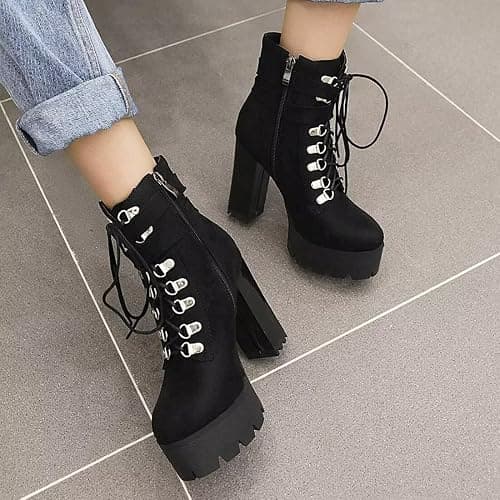 Agodor Women's Goth Platform Combat Booties Lace up Round Toe Chunky High Heel Gothic Ankle Boots thumbnail 3