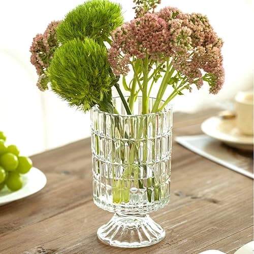 BLOFLO Embossed Glass Vase, 7'' Crystal Glass Vases, Pedestal Big Base Glass Bouquet Vase, Hydroponic Glass Transparent Vase for Home Office Wedding Dining Table Party (Ribbed Pattern) thumbnail 6