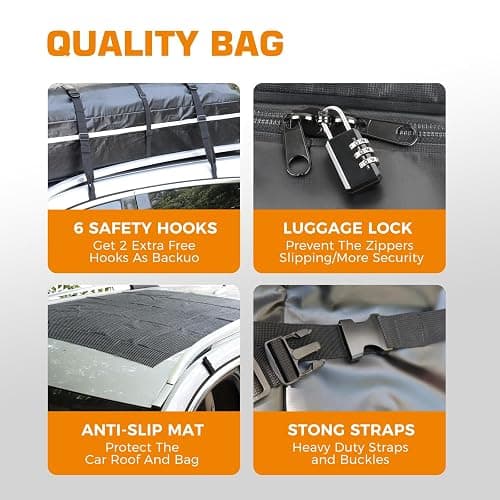 Kingfun Car Rooftop Cargo Carrier – Waterproof 20 Cubic Feet Car Roof Bag Fit All Vehicles with/Without Roof Racks, Includes Anti-Slip Mat, 8 Reinforced Straps & 6 Door Hooks, Luggage Locks（Black） thumbnail 6