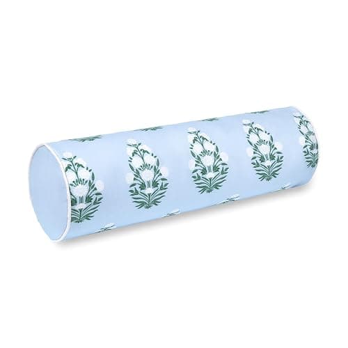 Hofdeco Premium Coastal Grandmillennial Patio Indoor Outdoor Bolster Pillow Cover Only, 6"x20" Water Repellent for Backyard, Couch, Poolside, Baby Blue Green Print Flower - Image 1