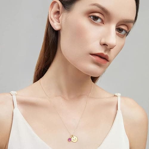 Hidepoo Initial Birthstone Necklace for Girls Women - Personalized Gifts | 14K-Gold-Plated Disc Letter Necklace, Personalized Gifts Jewelry Birthstone Necklace Birthday Gift for Women Girls thumbnail 3