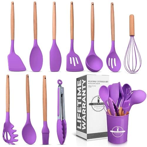 12 Pcs Purple Kitchen Accessories Set with Holder, Silicone Heads | Purple Kitchen Utensils Set for Cooking and Baking; Wooden Handles; Heat-Resistant up to 446°F; Non-Scratch for Nonstick Pans - Image 1