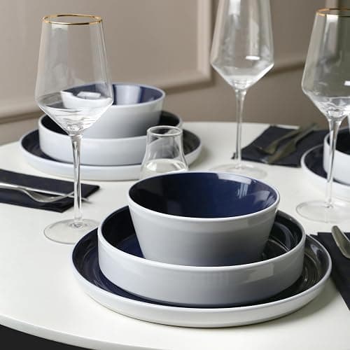 Stone Lain Elica 24-Piece Modern Dinnerware Set Stoneware, Plates and Bowl Sets for 8, Navy and White thumbnail 2