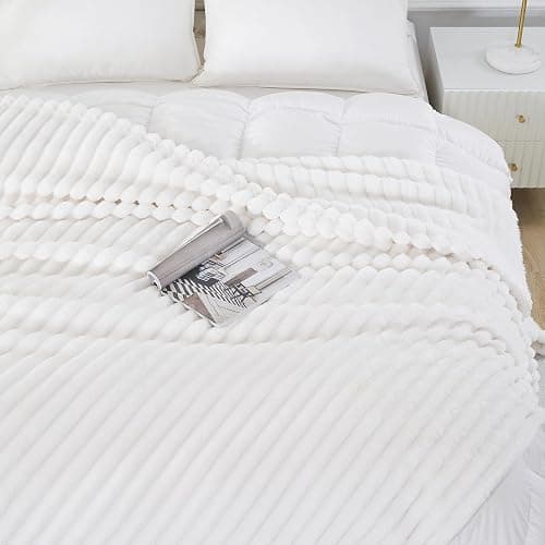 Taliska White Fleece Throw Blanket 50"x60" - Soft Cozy Fluffy Striped Blanket for Couch Sofa Travel, Lightweight Warm Throw Blankets for All-Season Home Decor thumbnail 4