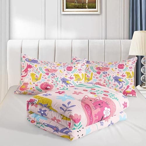 QOOMO Floral Cat Comforter Twin Size,Pink Cat Bedding Set for Kids Teens Girls,3Pcs Bedding Set Printed Comforter with 2 Pillowcases,Down Alternative,Soft and Lightweight(Pink，Twin Size) thumbnail 4