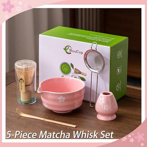 Buucup Matcha Whisk Set, Ceramic Matcha Bowl with Spout, Pink Matcha Kit | Includes bamboo whisk, holder, scoop and stainless sifter. Japanese-style matcha set designed for smooth tea preparation. thumbnail 3