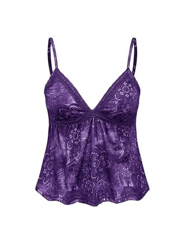 GORGLITTER Damen Y2k Camisole Spaghettiträger Tops Sommer Crop Top Ärmellos Oberteil Casualtop mit Kontrast Spitze thumbnail 5