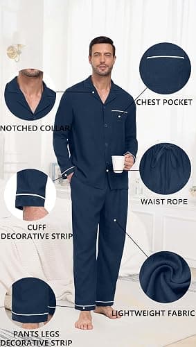 PrinStory Men's Pajamas Set Long Sleeve Button Down Sleepwear Pjs S-2XL | Soft,2 Pieces Loungewear,Lightweight,Sleep Set,Notched Collar,Top and Pants,Pockets thumbnail 2