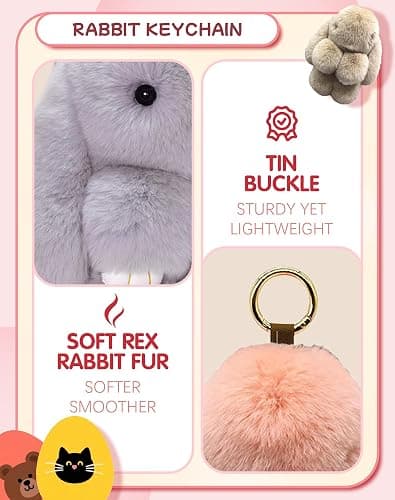 Bunny Keychain Keychain with Tin, Handmade Soft Bunny PomPom Charms for Christmas Birthday Gift thumbnail 4
